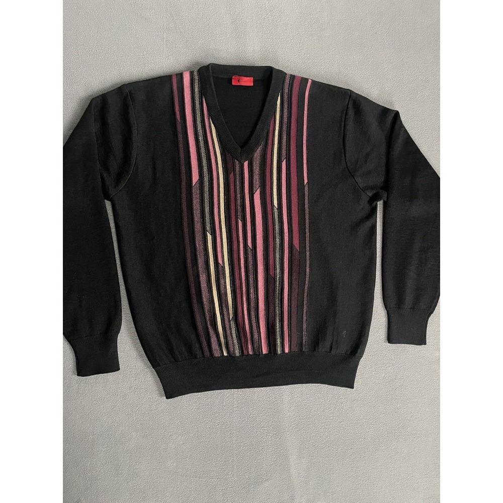 GABICCI Vneck Sweater Mens Lrg‎ Pink Striped Jumper Retro Knit Wool Blend